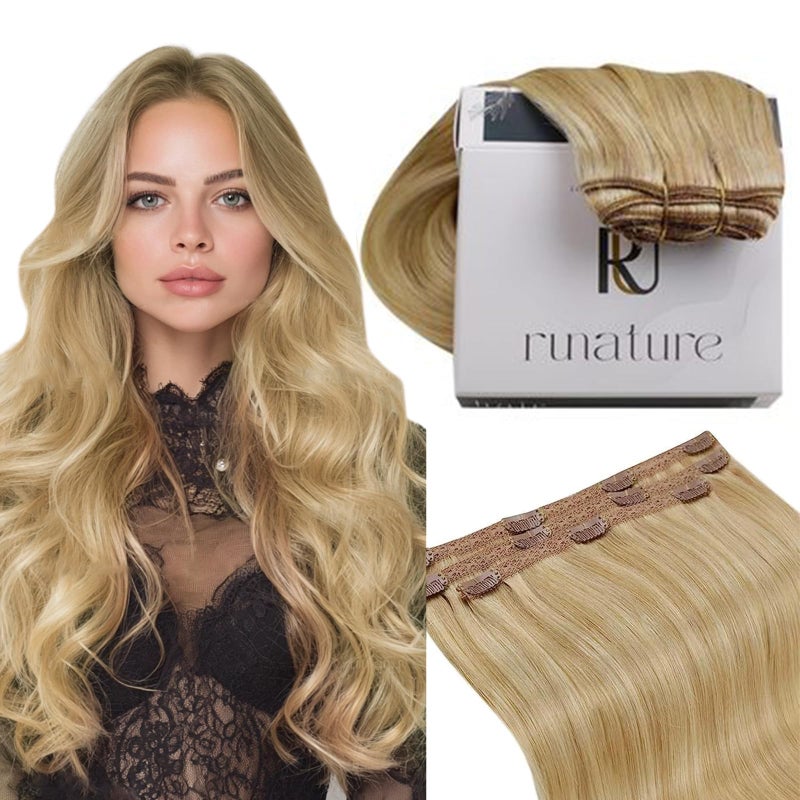 RUNATURE Real Human Hair Clip in Extensions Blonde, 14 Inch Clip in Hair Extensions Human Hair, Remy Hair Extensions Clip Ins, Easy to Maintain, 50g 3pcs #16P24 Golden Blonde Highlight - Image 1